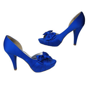 Blue Satin Heels Womens 6 Bowtie Peep Toe D'Orsay Dressy Prom Evening Formal